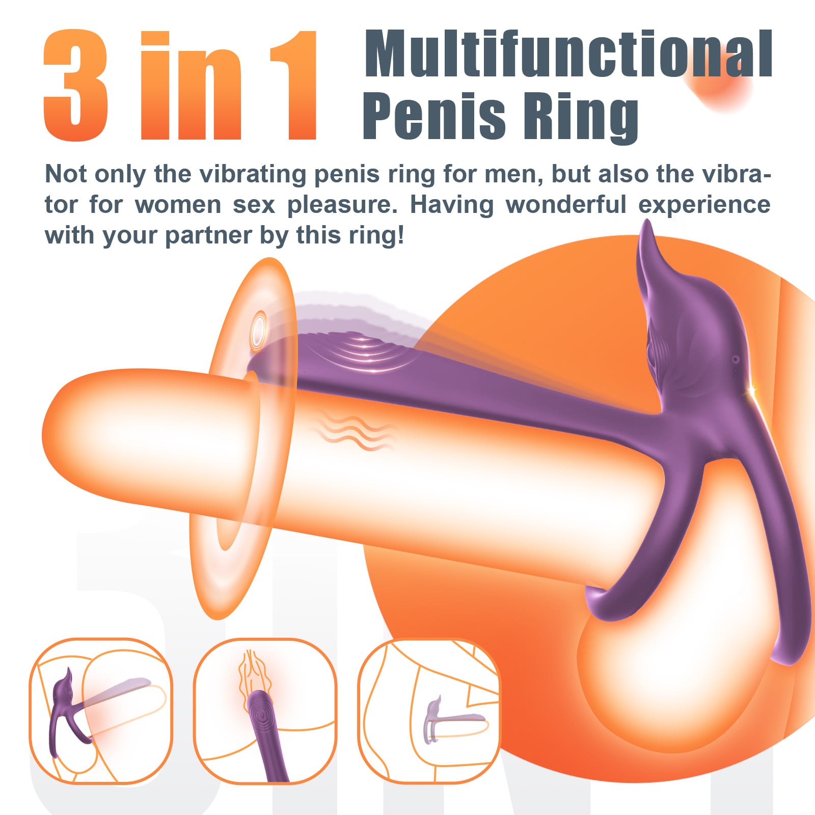 3 in 1 Multifunctional Penis Cock Ring with 10 Vibrating Modes